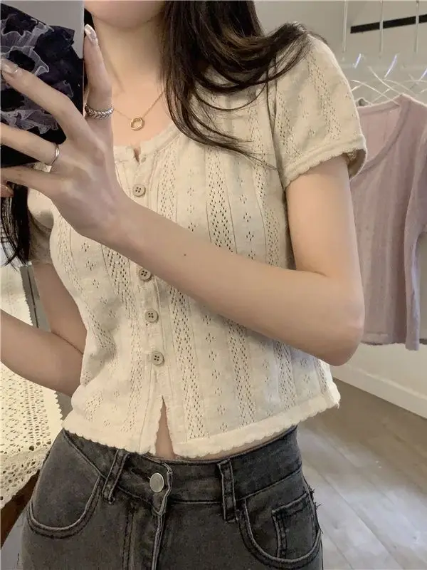 

Summer ort Sve Knitted Sweater Women's Sweet Spicy Hollow out Hook Design Slim Fit Pure Color Top Small Size Friendly