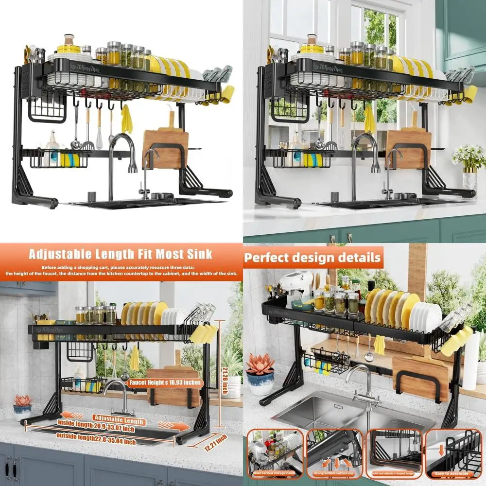 

Adjustable 2-Tier Stainless Steel Sink Dish Drying Rack with Cup Holder and Hooks, Black