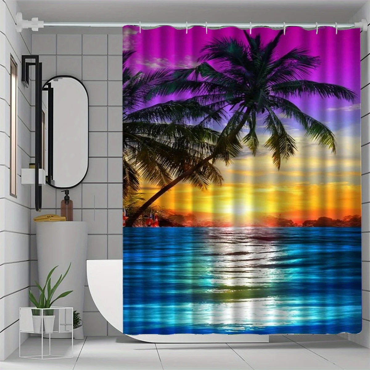 

[Занавеска для душа на закате] 1 шт., занавеска для душа на пляже, высококачественный элегантный узор для украшения ванной комнаты