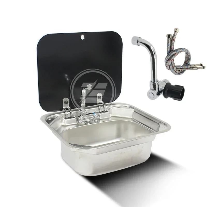 

RV Sink Caravan Stainless Steel Hand Wash Basin Sink with Folded Faucet Tempered Glass Lid Washbasin Boat Camper Trailer