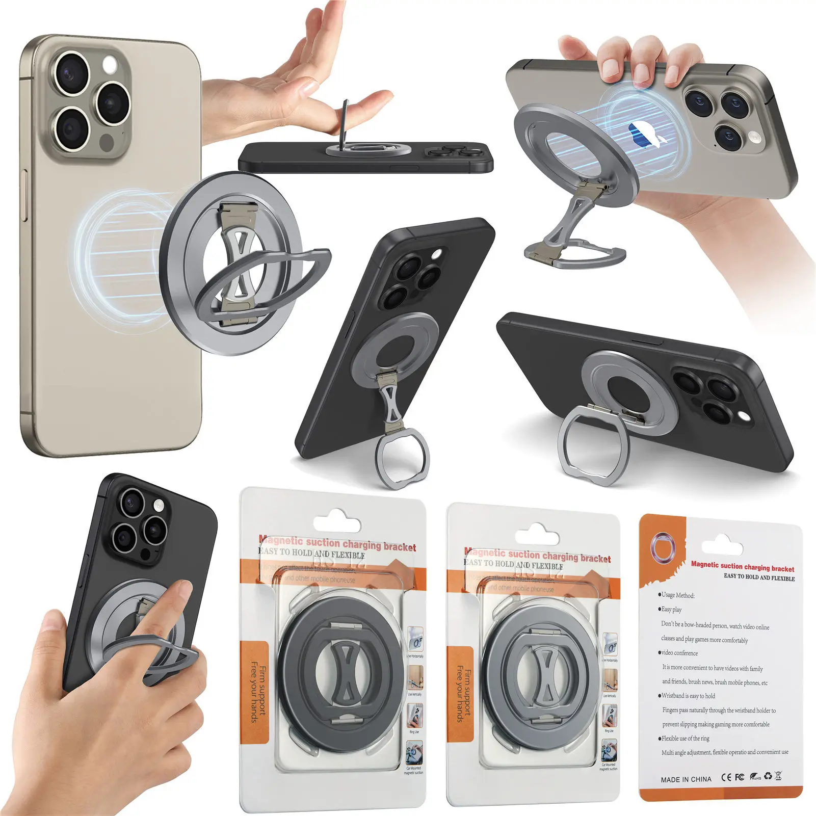 

Складной магнитный держатель для телефона из алюминиевого сплава на палец 360° ° Вращающаяся наклейка с ультратонкой ручкой для IPhone IPhone (серебристый/серый)