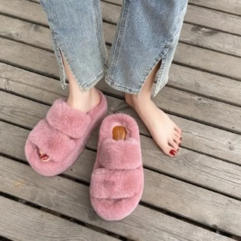 Women's open-toe non-slip thin all-match heightened platform fur slippers
