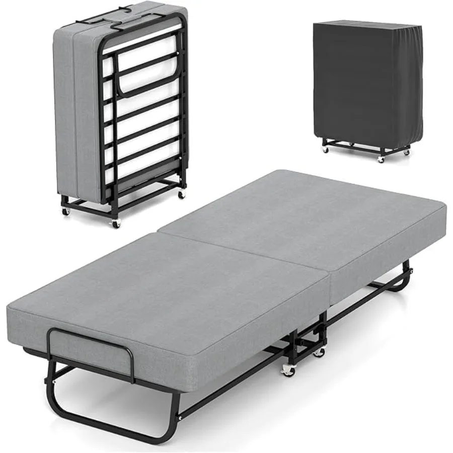 Folding Bed with Mattress Portable Foldable Bed for Adults Roll Away Guest on Wheels Memory Foam Mattress and Metal Frame Space