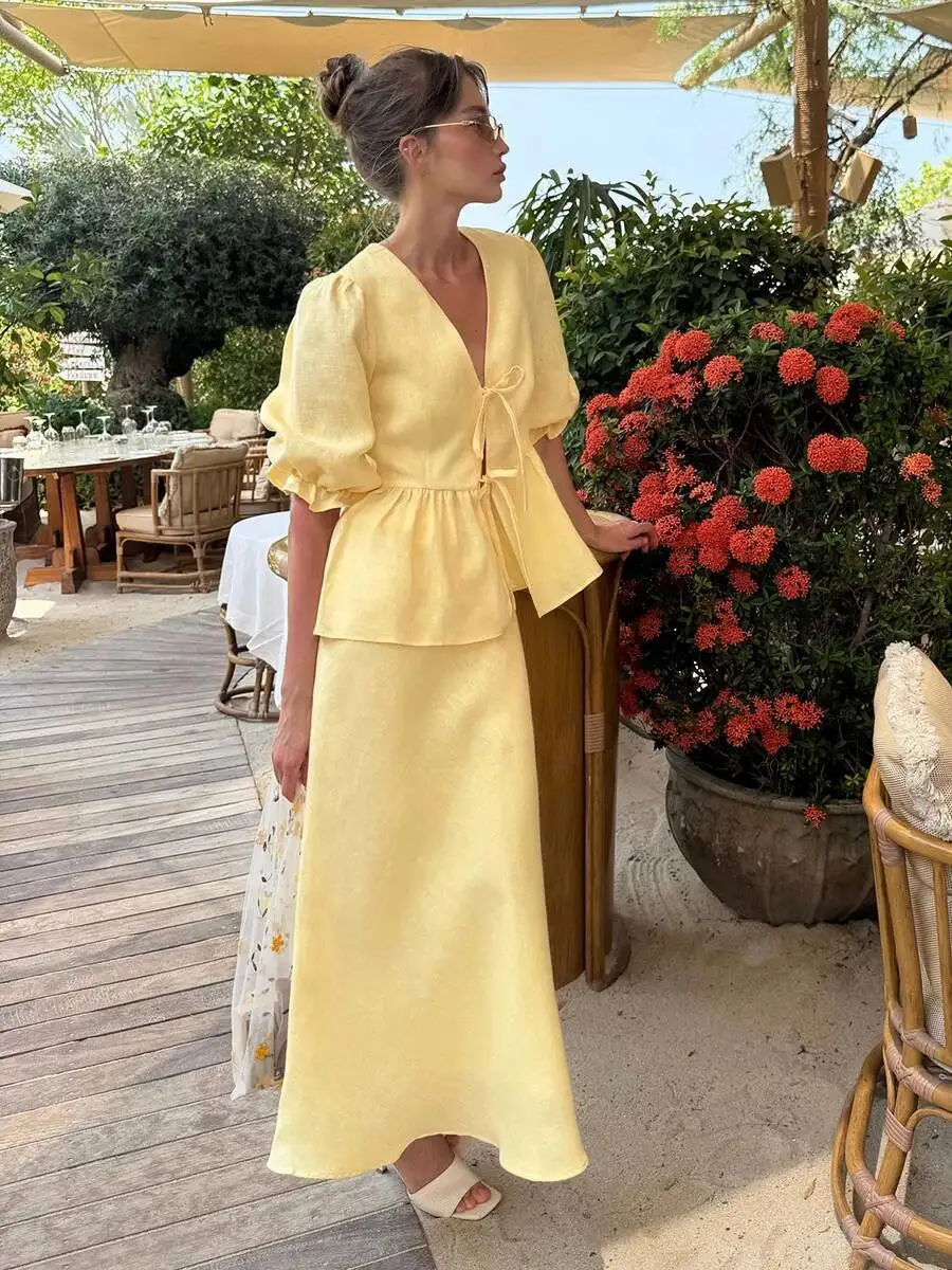 

Лето 2022, женская рубашка из 100% хлопка с v-образным вырезом на шнуровке и рукавами-пузырьками, комплект с длинной юбкой, свободный повседневный костюм из двух предметов