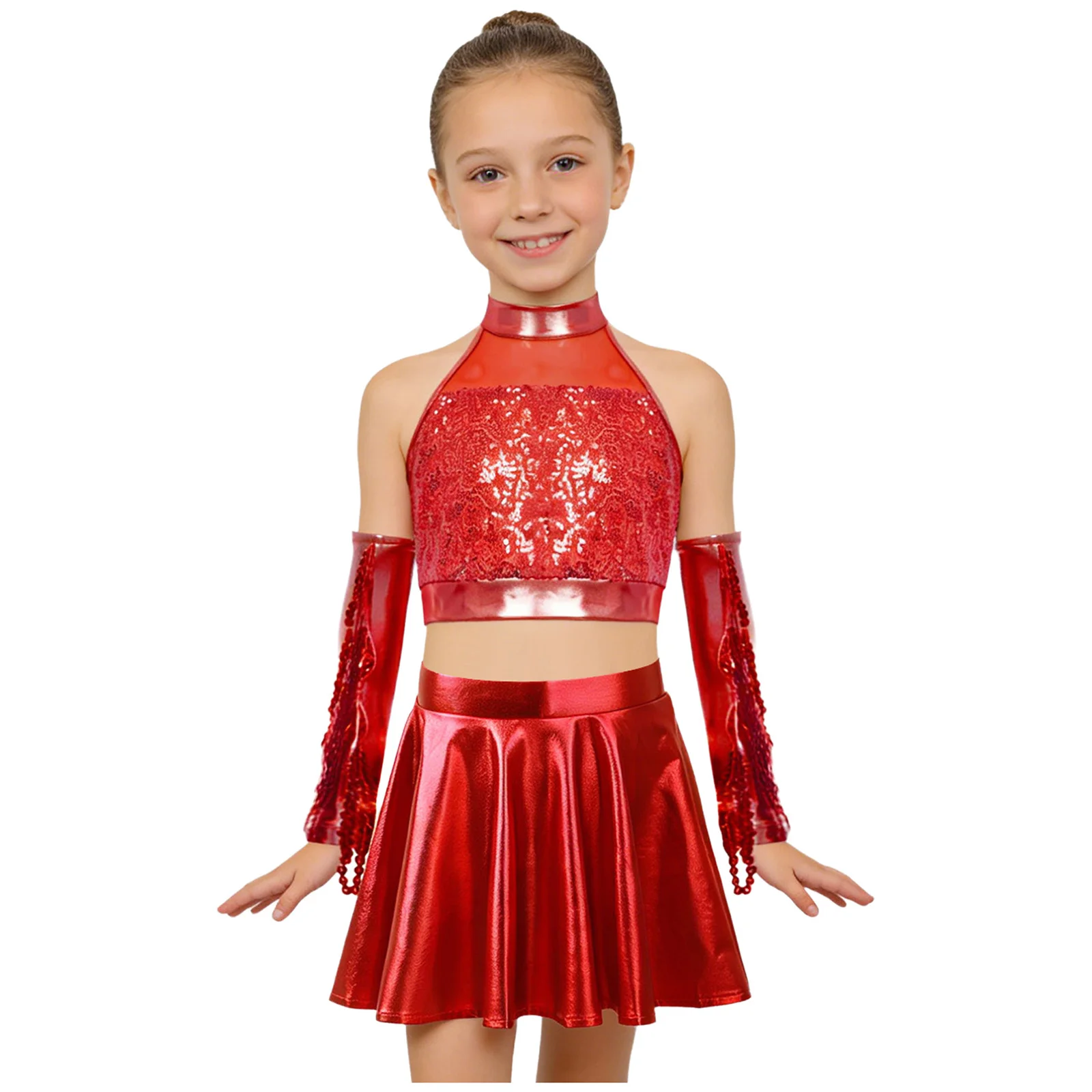 

Kids Girls 3 Pieces Jazz Dance Outfits Sleeveless Keyhole Back Sparkly Sequins Crop Top with Metallic Flared Skirt and Gloves