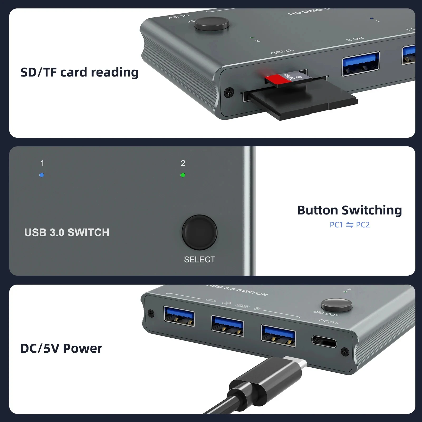 USB KVM Switch Adapter USB 3.0 Switcher 2 Input 3 Output USB Splitter Controller Hub for Laptop Computer Printer Keyboard