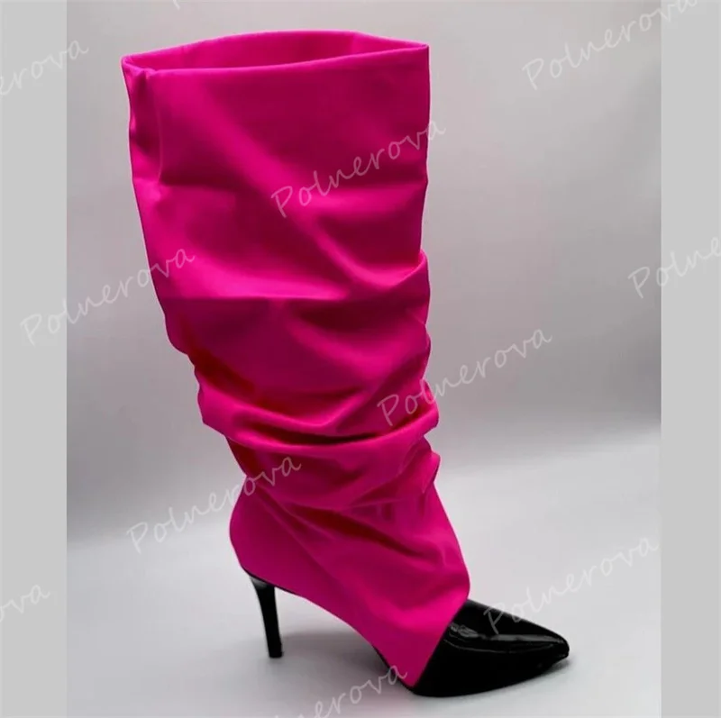 

Модные женские сапоги до колена с плиссированным дизайном и разноцветными вставками, на высоком каблуке, с острым носком, для вечеринок и подиумных показов