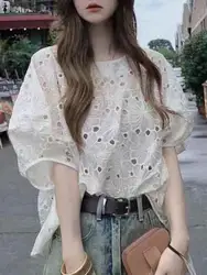 Fashion Lace Crochet Holiday Shirt ZANZEA Summer Women Tops Casual O Neck Short Puff Sleeve Blusas Stylish Hollow Out Blouse