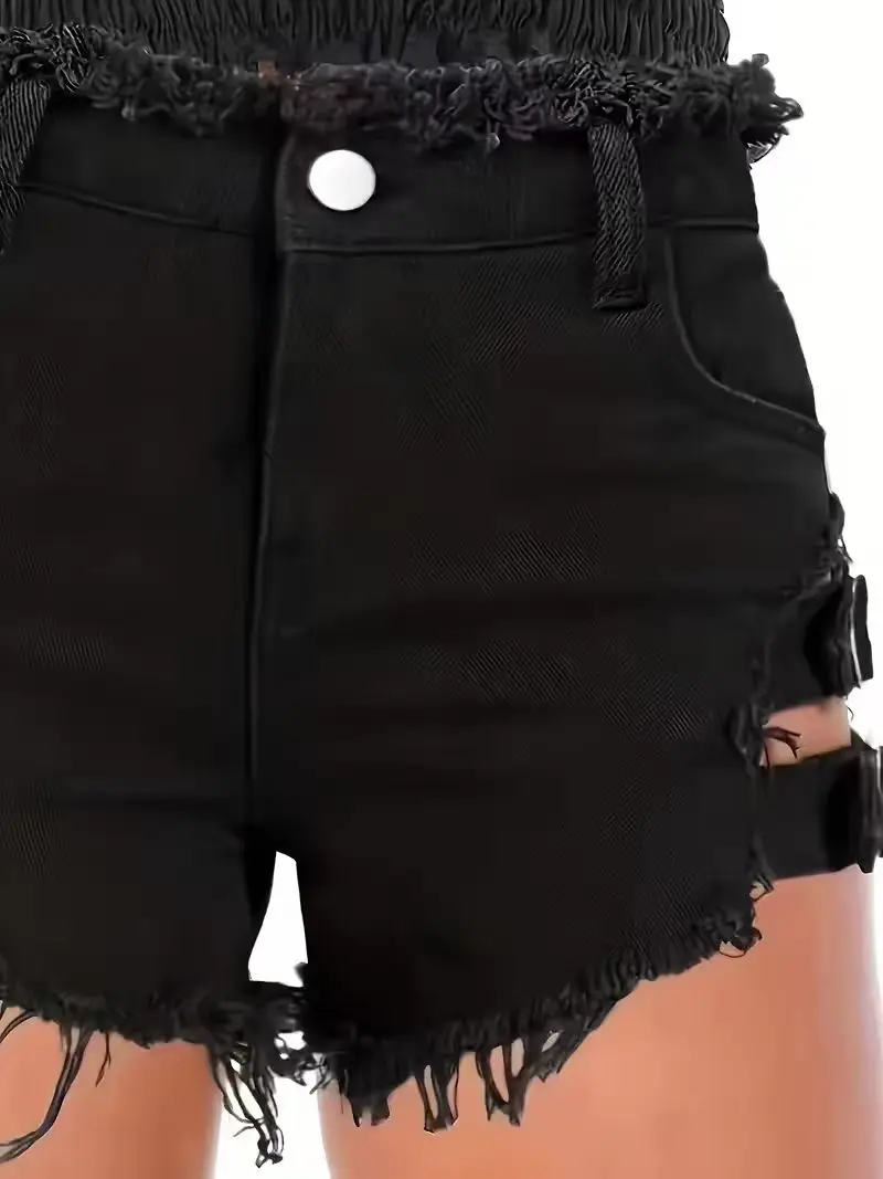 Women's Black Denim Shorts Low Waisted Frayed Hem Adjustable Buckle Straps Cutout Sexy Clubwear Party Mini Hot Pants view 4