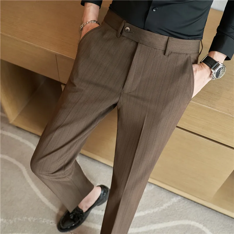 2023 Men's New Color-woven Textured Striped Trousers Elastic Casual Pants Slim Fit Tapered Suit Pants Luxury Authentic