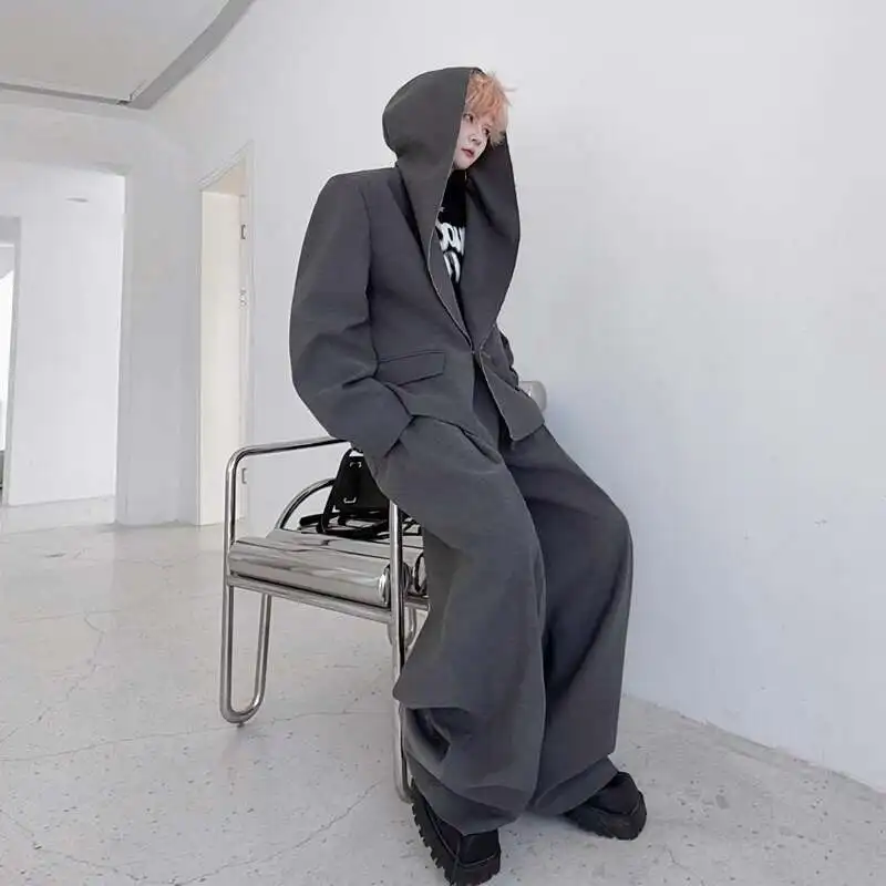 WTHT อินเทรนด์ผู้ชายชุดสีทึบ Hooded Double-breasted หลวม Blazer เสื้อลําลองเอวสูงกางเกงขากว้างชุดชาย 2A0236