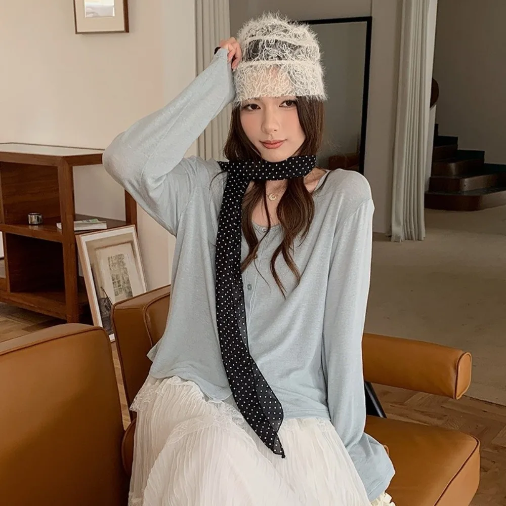 

Leisure Lyocell Women's Cardigan V Neck Round Neck Thin Button Cardigan Stripe Slim Knitwear Long Sleeve Top Spring Summer