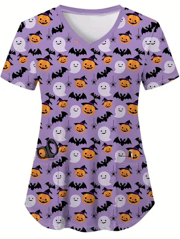Halloween-Serie, Damen-Arbeitskleidung mit kurzen Ärmeln, V-Ausschnitt, modisches Design mit Bindebändern und Taschen, bequem und atmungsaktiv, Krankenpflegeuniform. – Detail 3