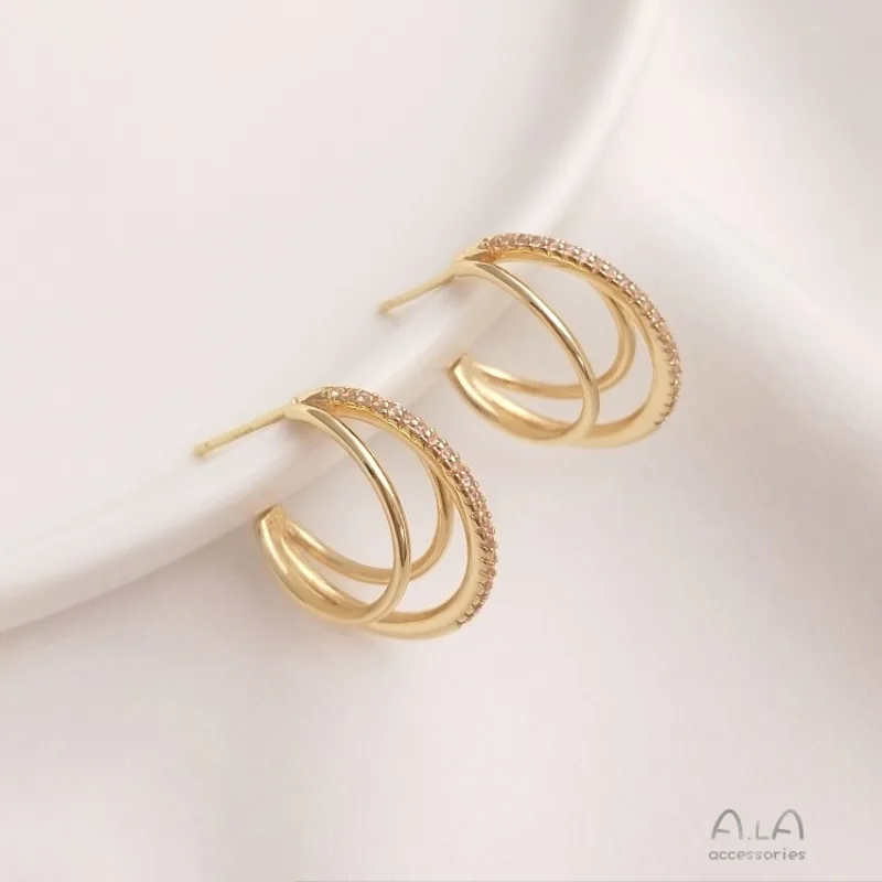 14K Gold Color Three Circles C-shaped Zircon Stud Earrings Circle Earrings DIY Fashion Trend Korean Internet Celebrity Earrings