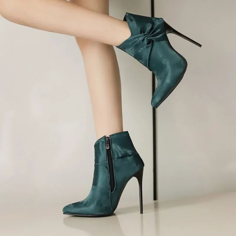 

12cm Sexy Fashion Womens Pointed Toe Velvet Bow Ankle Boots Stilettos High Heel Sexy Shoes Plus Big Size New Winter Shoes