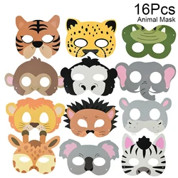 16pcs Kids Cartoon Animal Mask Jungle Tiger Monkey Puppy Cosplay Masks For Wild One Birthday Party Decor Halloween Costume Props