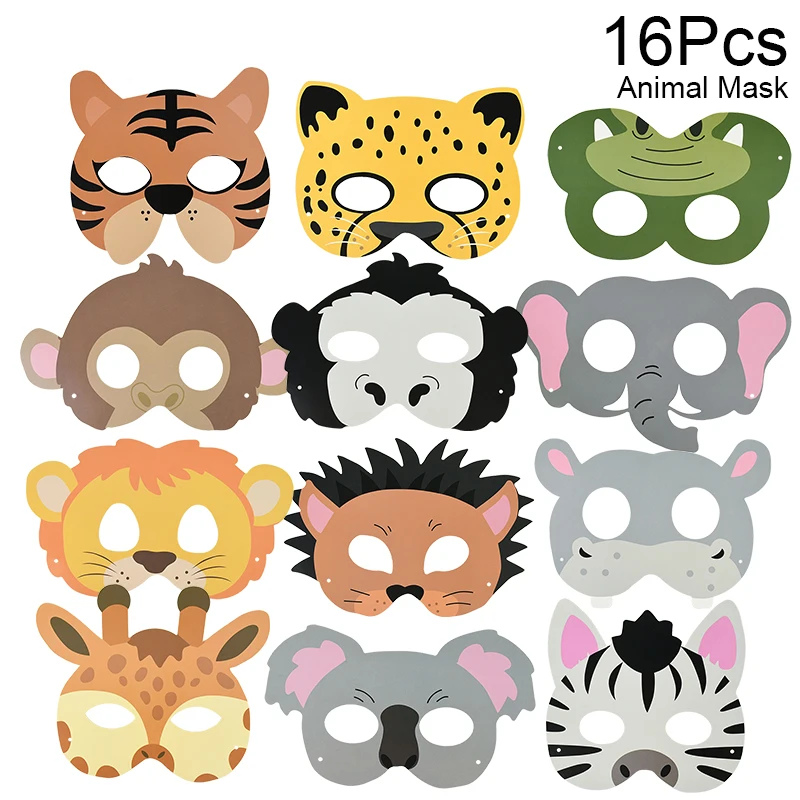 16szt Kids Cartoon Animal Mask Jungle Tiger Monkey Puppy Cosplay Masks For Wild One Birthday Party Decor Halloween Costume Props