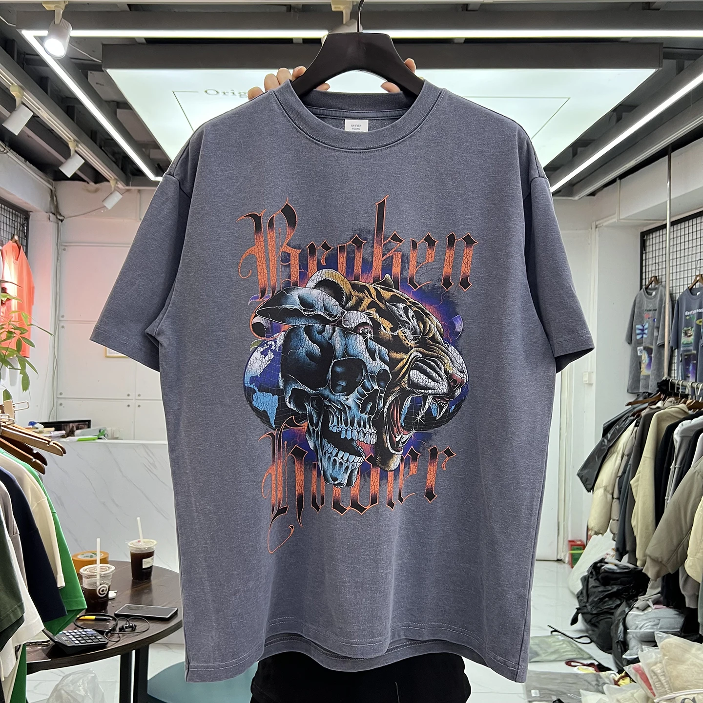 

Retro Washed American High Street Skull Print Loose Fit round Neck Short Sleeve T-Shirt Casual Comfortable Cotton Polyester B...