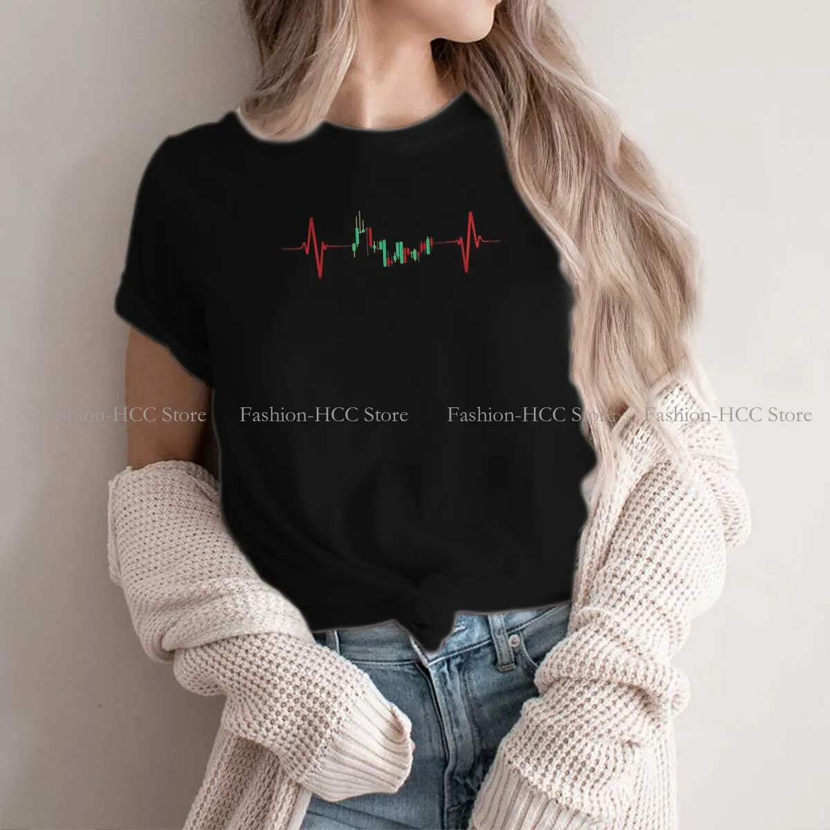 Trader Heartbeat Classic Hipster Polyester TShirts Wallstreetbets GameStop Stonks Female Harajuku Streetwear T Shirt Round Neck