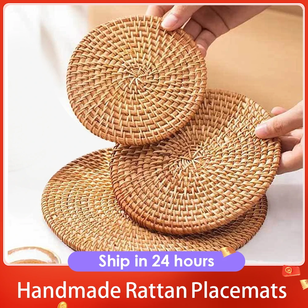 8-20cm Round Natural Rattan Cup Mat Coasters Hand Woven Hot Insulation Placemats Table Padding Kitchen Decoration Accessories