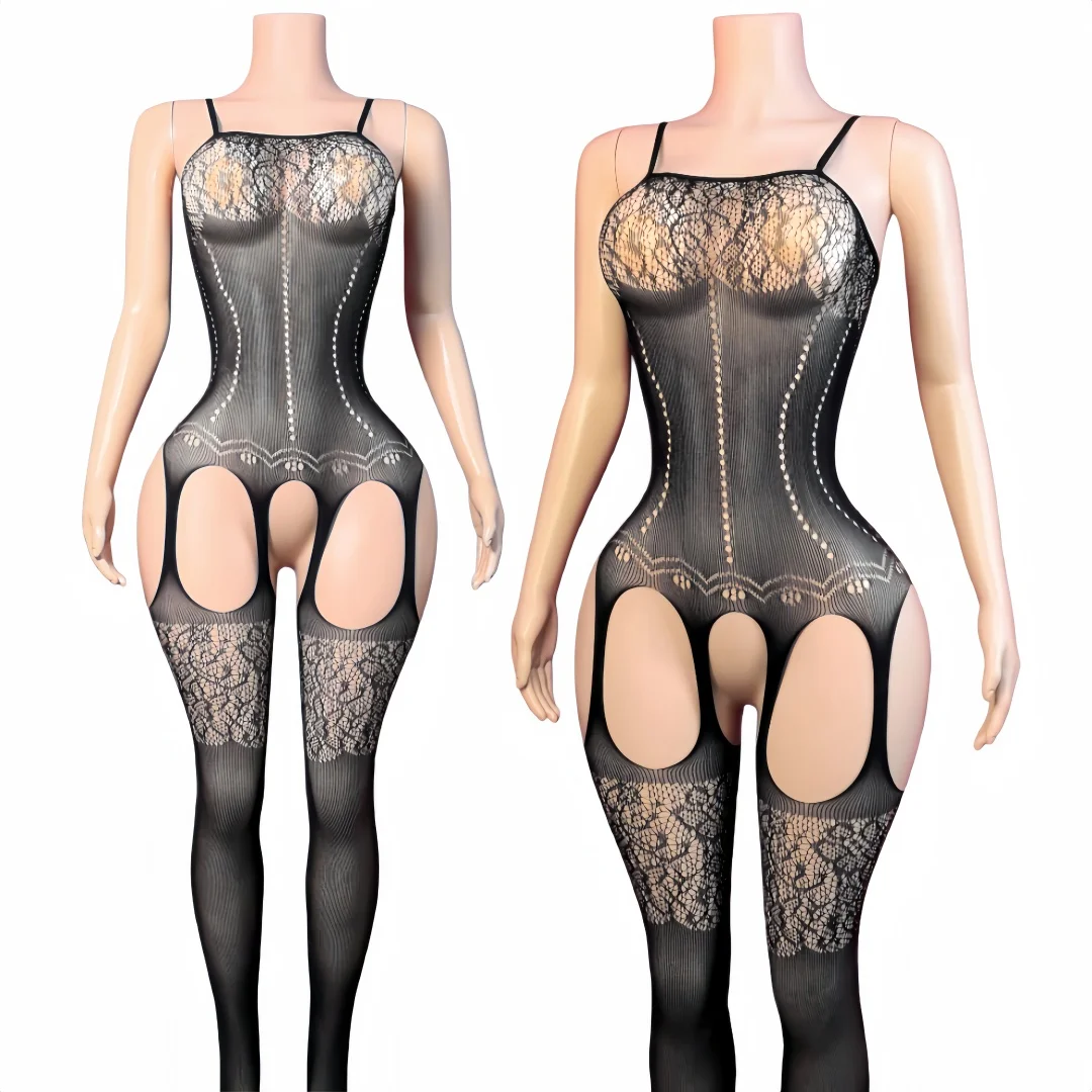 

Transparent crothless one-piece underwear Hot Seductive Halter full-body socks, exquisite sexy erotic pajamas women's underwear
