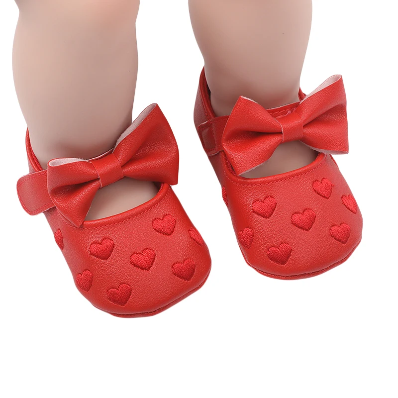 Baby Girls Cute Mary Jane Shoes Non-Slip First Walking Shoes Heart Princess Dress Shoes Infant Crib Soft Flats with Bow