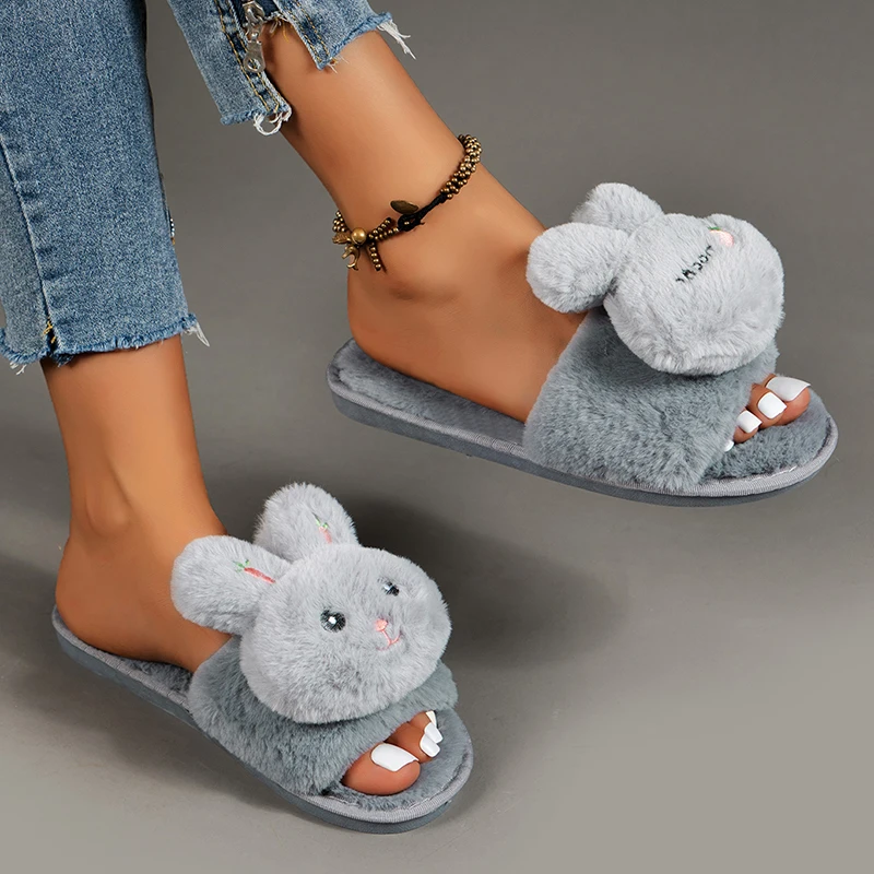 Cute Rabbit Decor pantofole in cotone per donna antiscivolo suola morbida pantofole da casa per interni donna camera da letto Open Toe peluche