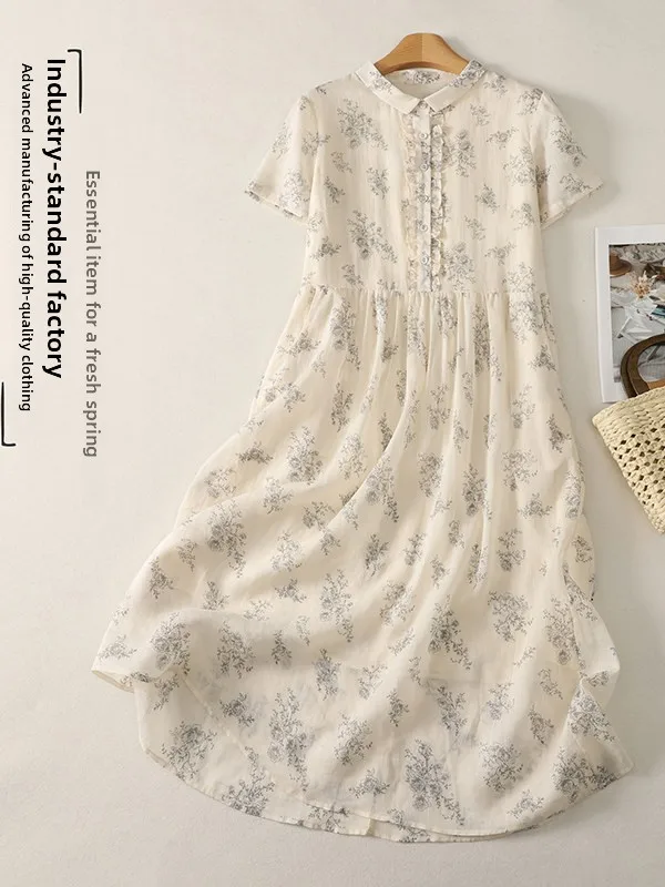 

Elegant Slimming Long Dress Summer Turn-down Collar Retro Fashion Youthful High-end Feeling Slimming One-piece Dress