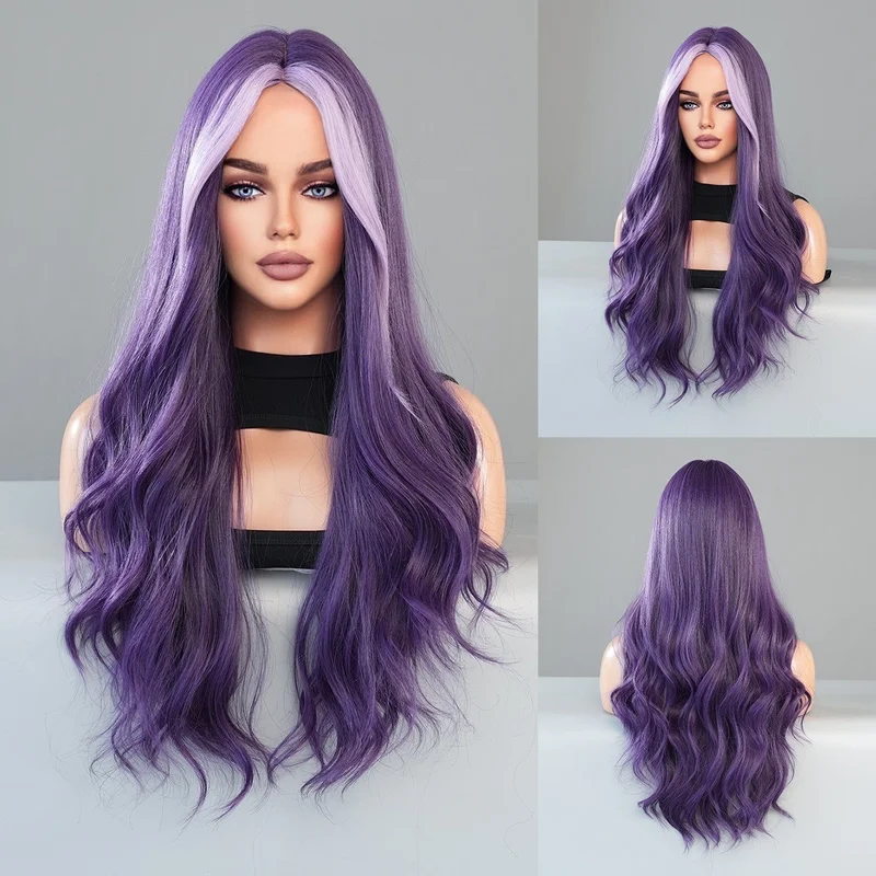 Long Wavy Purple Wig Middle Part Highlight skunk Hair Wigs