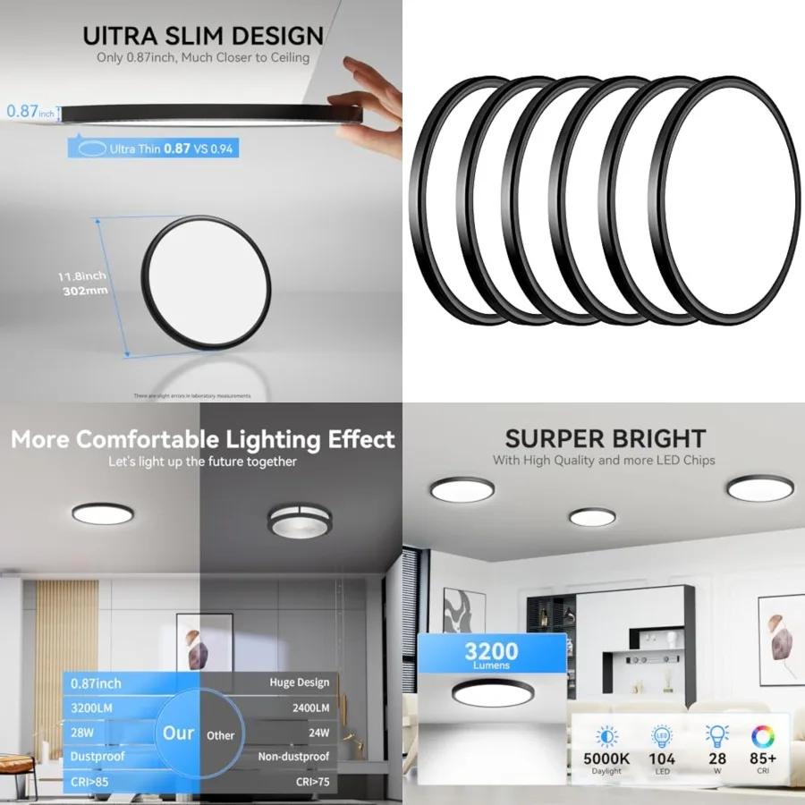 

6Pack 3200lm LED Flush Mount Ceiling Light, Super Slim 12 inch LED Ceiling Light, 5000K LED Ceiling Light for Bedroom, Living R