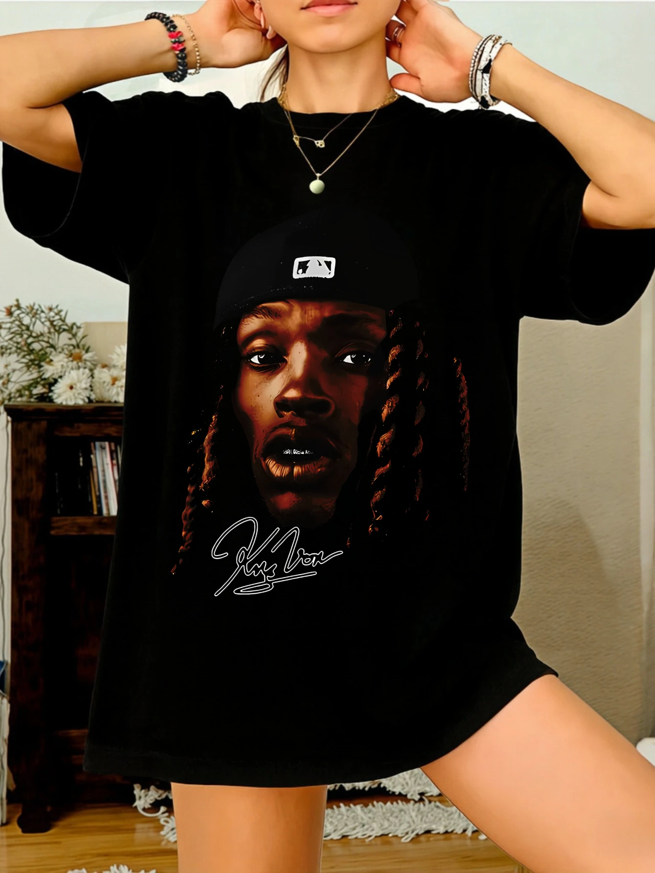 

Womens Oversized Cotton Graphic Printed Portrait Signature Short Sleeve Casual Summer T Shirt for Her