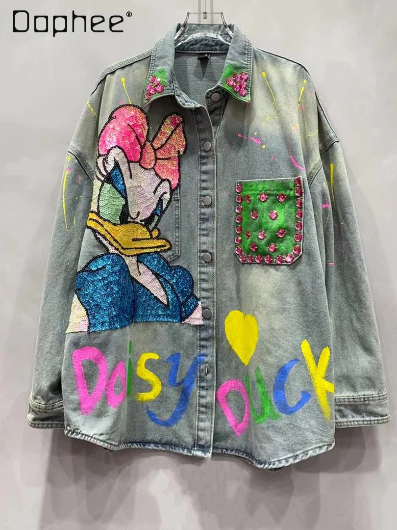 Blue Graffiti Cartoon Sequined Denim Jacket Female Loose Casual Top 2024 Spring and Autumn New Trendy Vintage Shirt Women