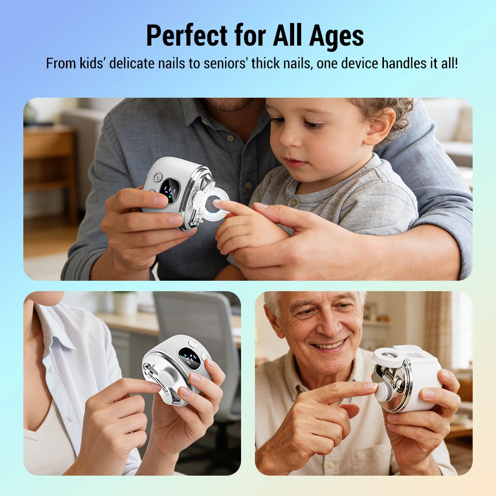 Electric Nail Clipper with 2.5X Magnify Glass for Seniors Polish Cuticle Remover 3-in-1 Smart LED Light Nail Cutter Whole Family view 6