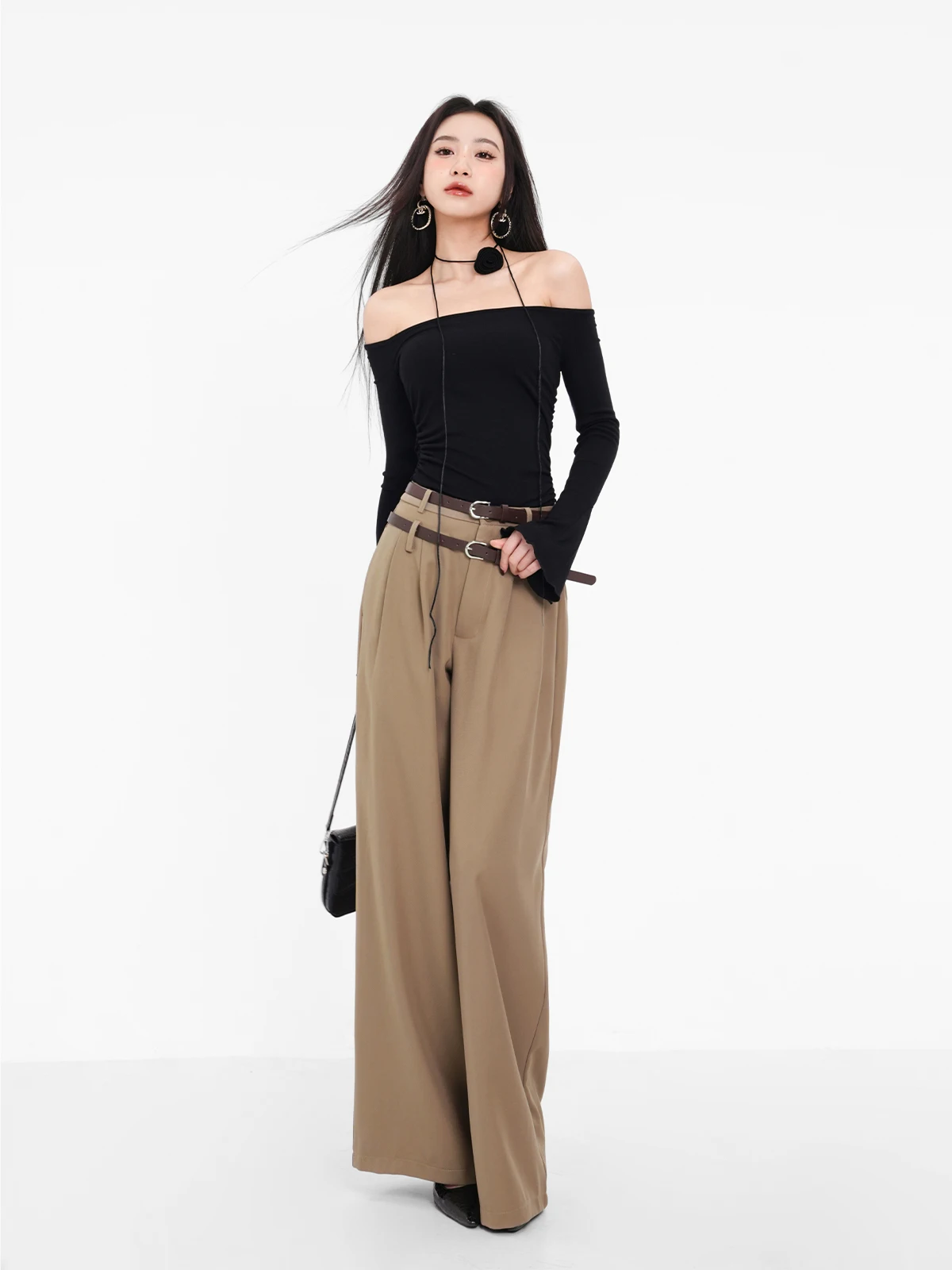 

American Style INS Spicy Girl Double Waist Belt High Waisted Pants Women's Spring/autumn Loose Wide Leg Casual Pants QI3X