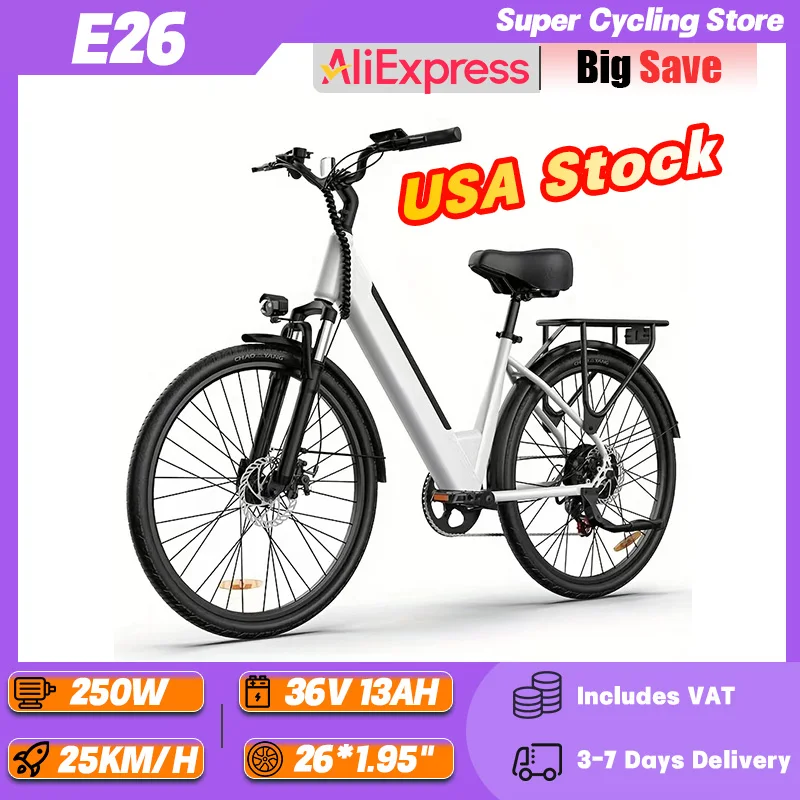 

URLIFE E26 250W Motor 36V 13Ah Removeable Battery Electric Bicycle 26*1.95" Tire Teen Travel Electric Bike Adult Commuting Ebike