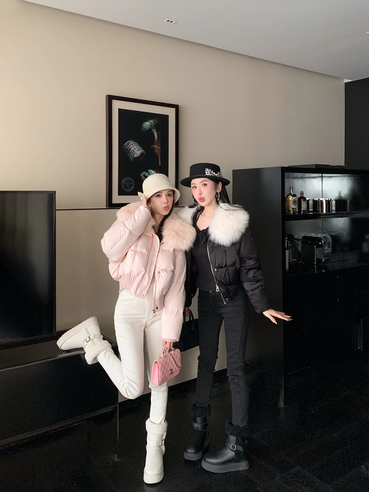

LADIESFIRST Korean Style Hooded 90 down Jacket Fleece Lined Fur Collar Women's Warm Top Long Sleeve Loose Fit Winter Coat