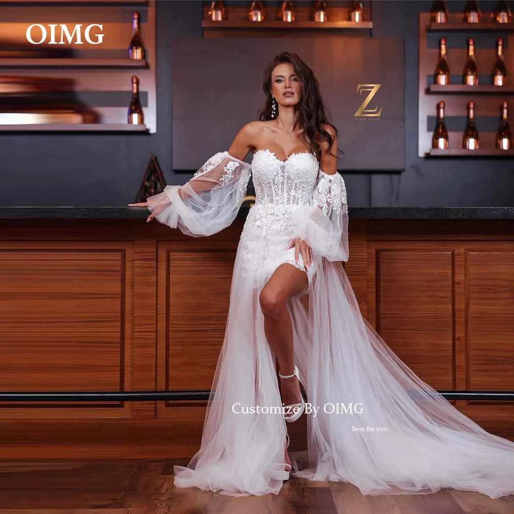 

OIMG Two In One Detachable Short Wedding Dresses Lace Sweetheart Tulle Puff Long Sleeves Bridal Gowns Dubai Robe de mariage