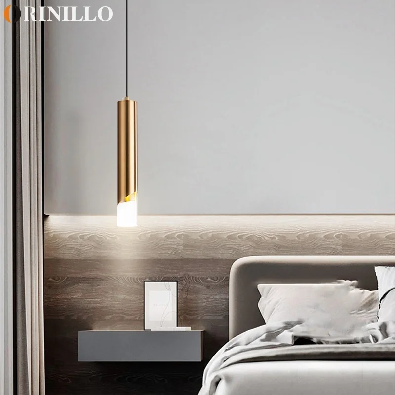 Modern minimalist LED bedside pendant light, bedroom strip light, restaurant bar counter single head small pendant light