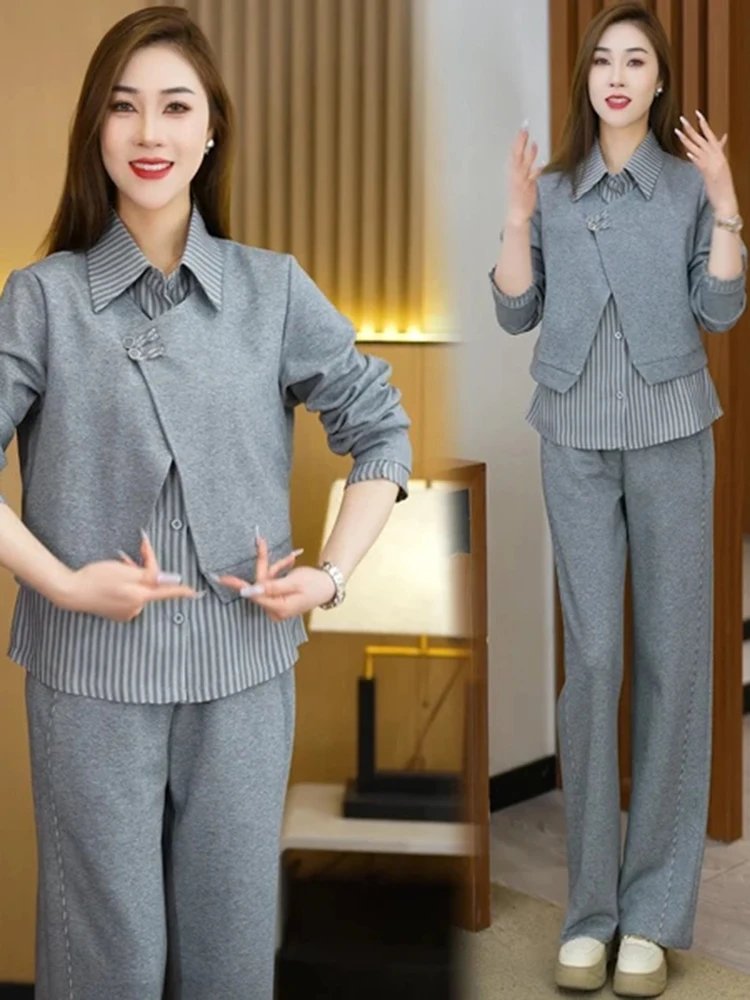 

Korean Style Casual Simple Two-Piece Shirt High Waist Wide Leg Pants Set Spring 2025 Fashionable Ensemble Long Sleeve Co...