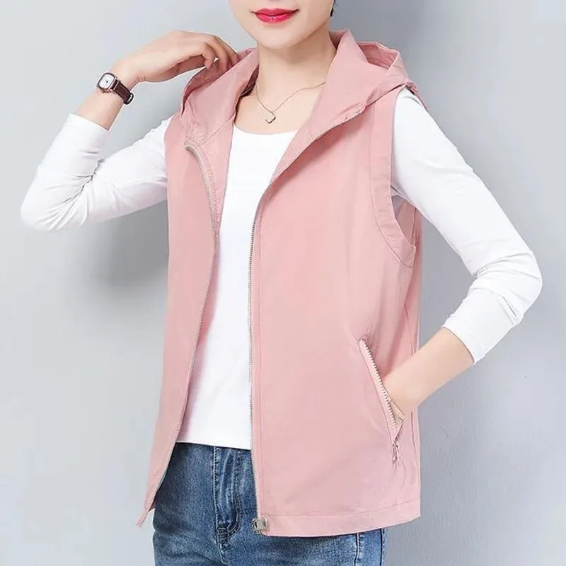 Plus Size Women's Vest Cardigan Jacket 2024 Summer New Female Hooded Joker Sunscreen Coat 300 Kg Loose Vest Overcoat