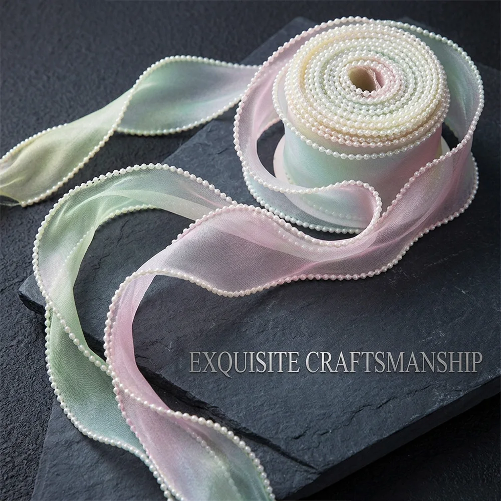 1 Yard Gradient Pearl-Edged Organza Ribbon, Gradient Color Organza Ribbon, Faux Pearl-Edged Transparent Mesh Satin Ribbon, Handmade DIY Bow Hair Accessory Materials, Flower Bouquet Gift Box Packaging Ribbon, Wedding Floral Decoration Accessories