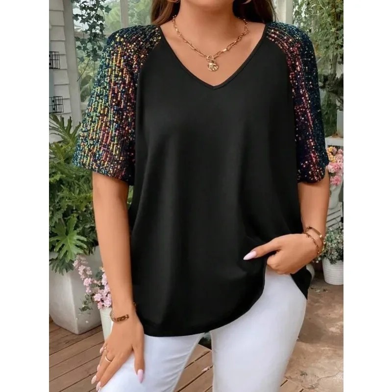 Plus Size 1XL-5XL Nieuwe Mode vrouwen Regenboog Pailletten V-hals T-shirt Dames Casual Korte Mouw Streetwear vrouwen Tops