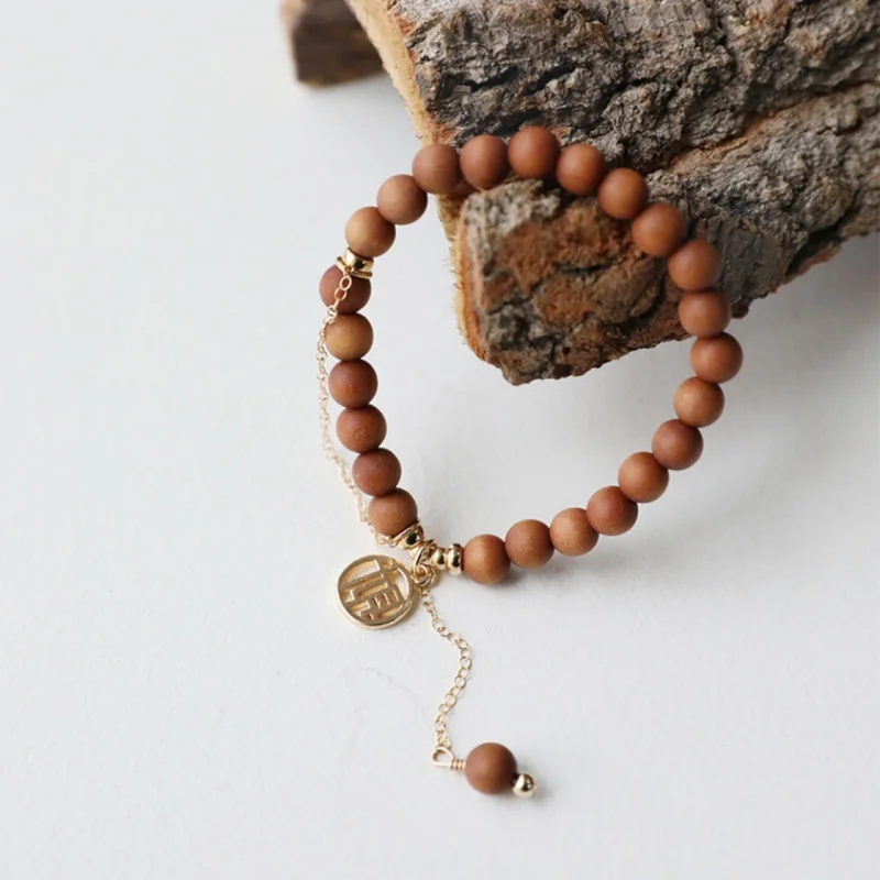 India Laoshan Sandalwood Bracelet Female Ebony Bracelet Buddha Beads Old MaterialsInsSpecial-Interest Design Blessing Card Beads