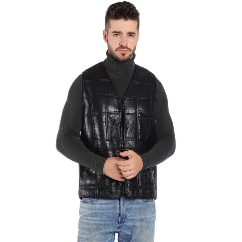 Chaleco de motorista de cuero genuino para hombre, Chaleco de piel de oveja, Tops de retazos, ropa de talla grande, Invierno