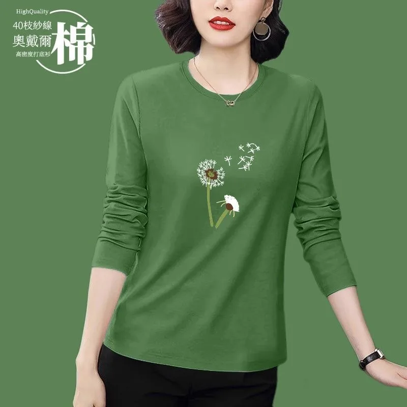 Women Spring Long Sleeve T-shirt Round Neck Dandelion Print Thread Cotton Loose Commuter Casual Basic Top