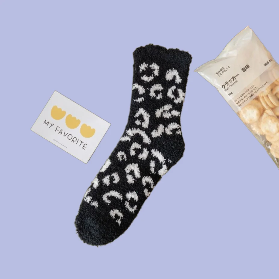 3/6 Pairs New High Quality Leopard Print Women Amazon Cross-border Thickened Home Sleep Socks Mid-tube Floor Coral Fleece Socks