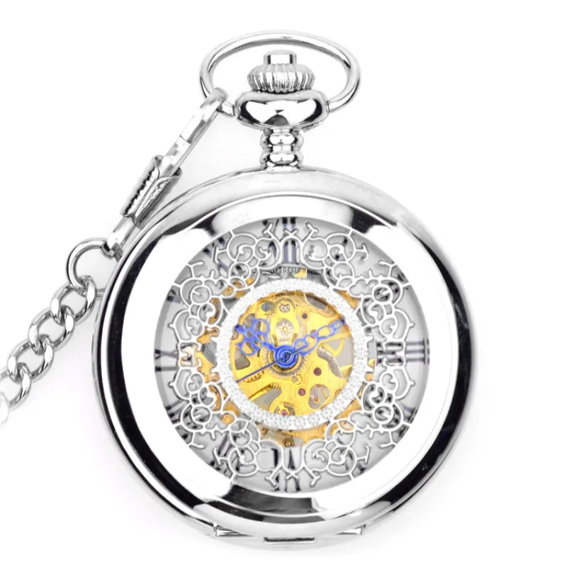 

White Floral Roman Mechanical Retro Flip Hollow Necklace Pocket Watch Men and Women Watches