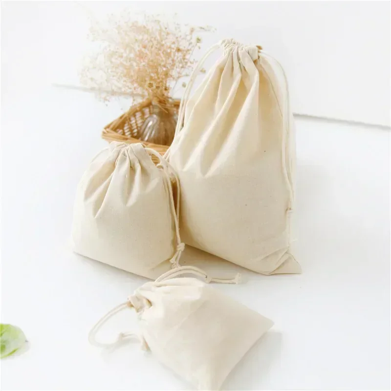 Cotton and Linen Cloth Bag Solid Color Drawstring Storage Bag Inner Lining Pocket DIY Drawstring Bag Home Pocket