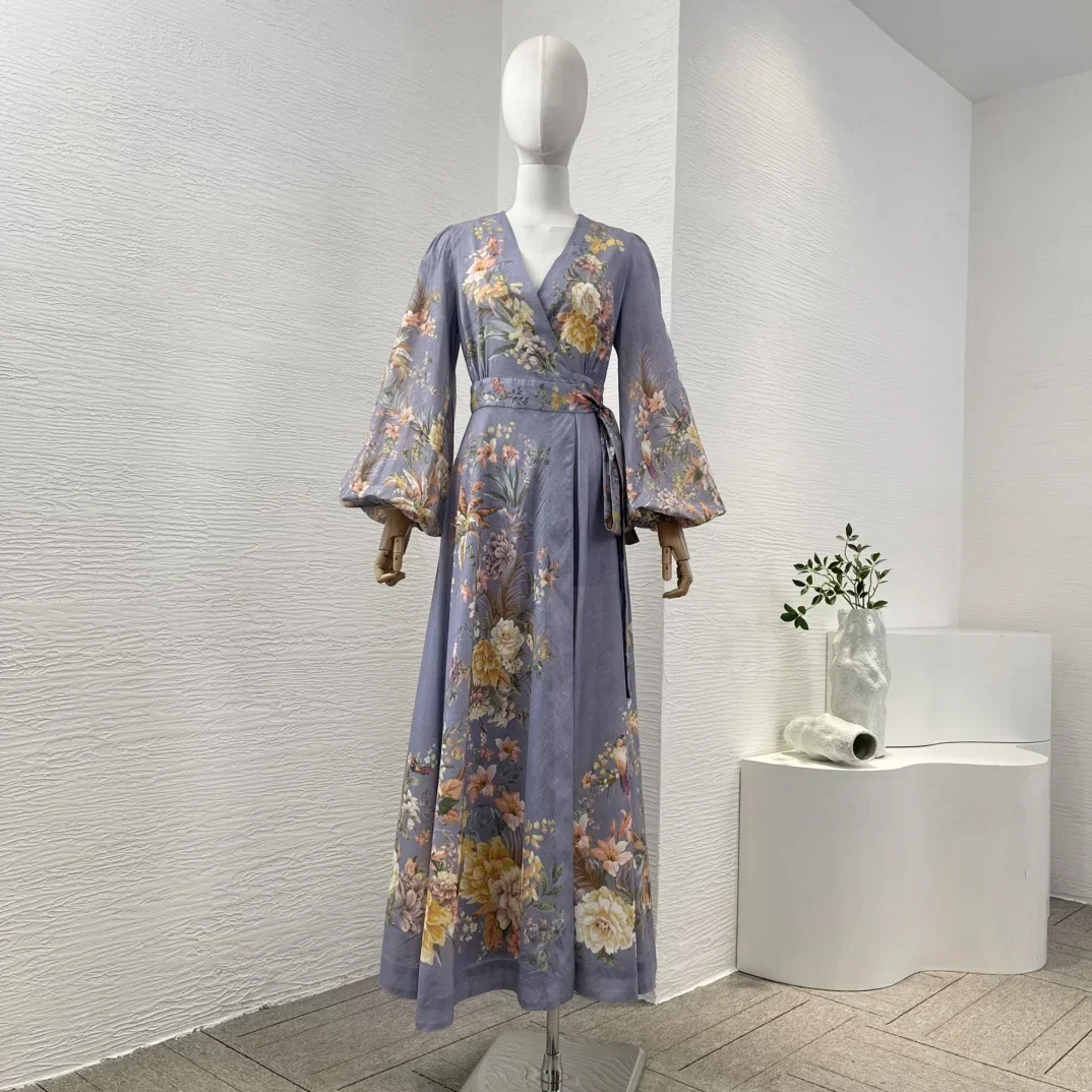 Pure Cotton High Quality 2025 Latest New Re-tro Floral Print Lace-up Full Lantern Sleeve Holiday Women Wrap Midi Dress