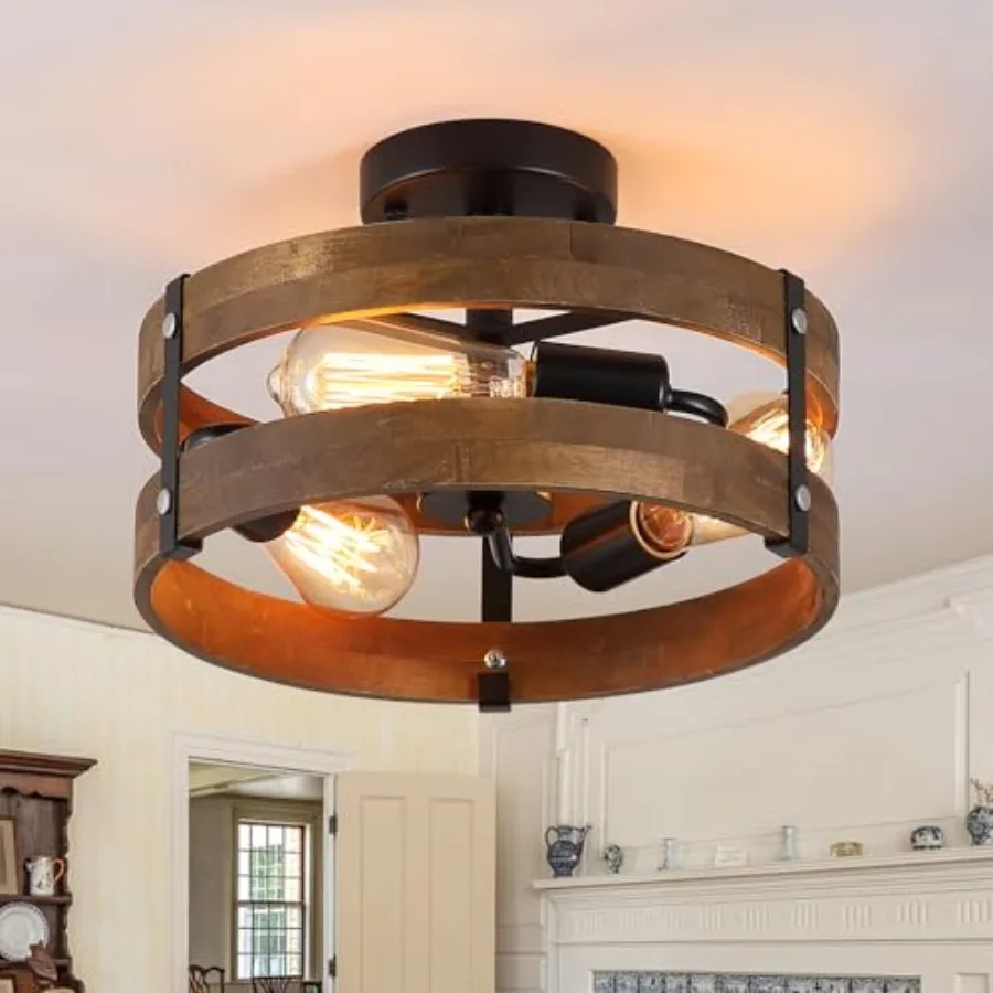 

3-Light Rustic Farmhouse Wood Flush Mount Ceiling Light Fixture 12.59 inch Oak Wood and Metal Round Cage Semi Flush Mount Ceili